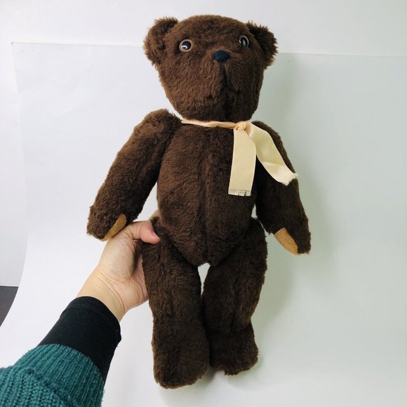 Vintage Dark Brown Teddy Bear 15" Jointed Retired Plush Toy Ribbon Bow Tie - Picture 1 of 6